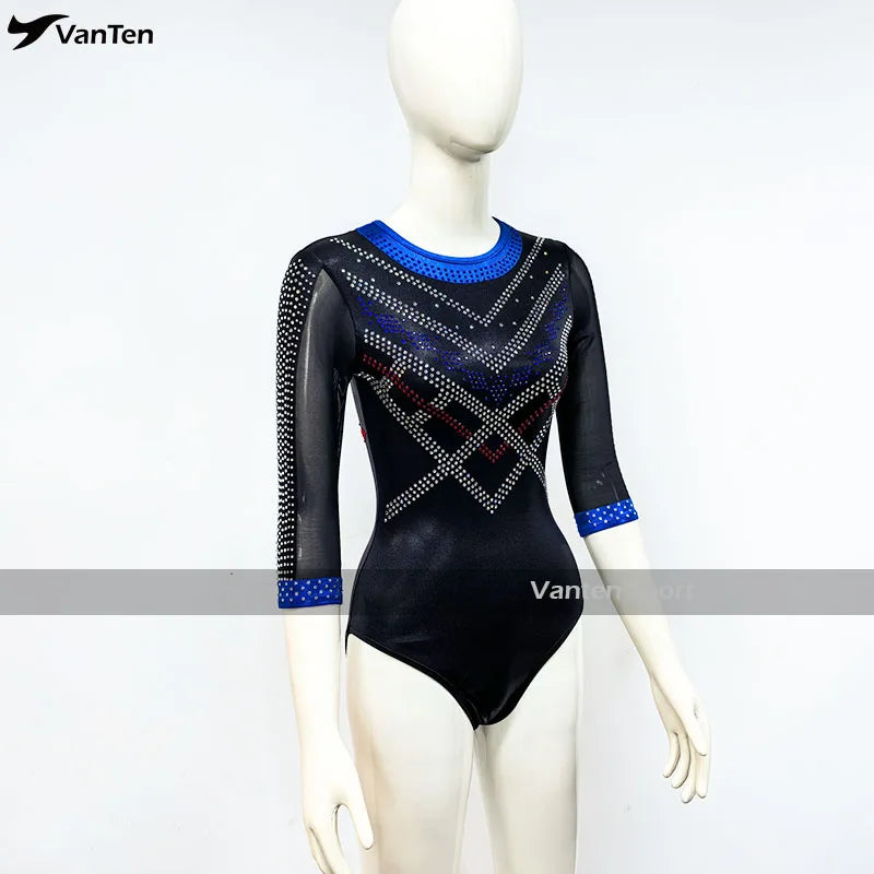 Custom Made New Design 3/4 Sleeve Women Wear Comfortable Bodysuits Gym Dance Leotards Full Rhinestones
