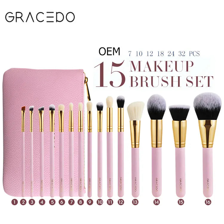 GRACEDO Hot Sale Private Label Eyes Makeup Brushes Set 15pcs Pink Eye Make up Brush Set