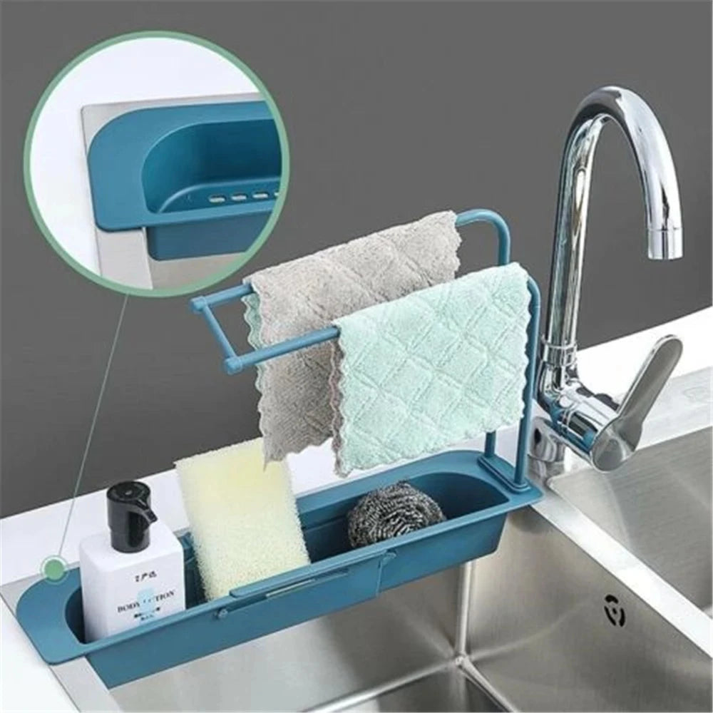 Telescopic Sink Shelf Soap Sponge Drain Storage Rack Basket Bag Faucet Holder 2-in-1 Adjustable Kitchen Bathroom Sink Holder
