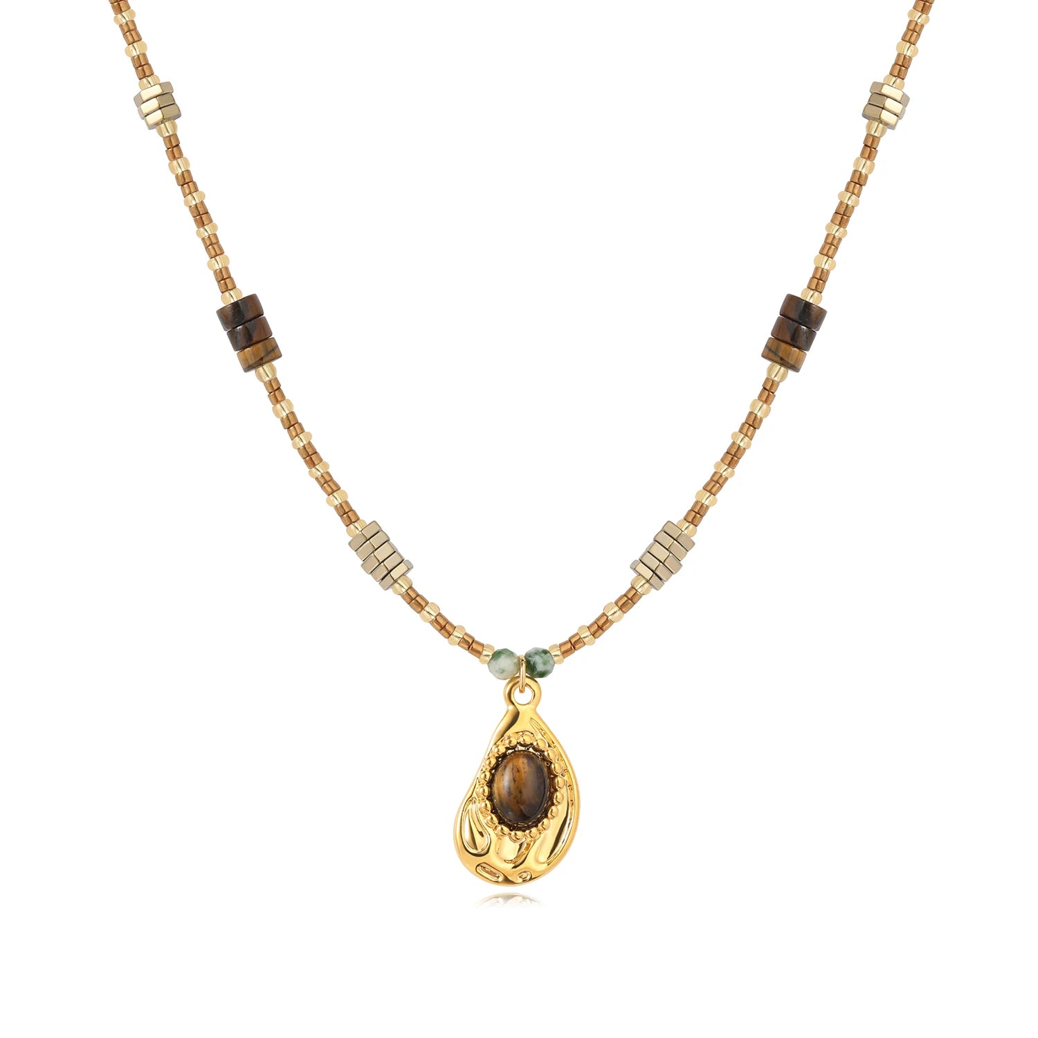 Fashion Tiger Eye Stone Gold Pendant Energy Bead Necklace Stacking Sweater Chain for Women Jewelry Factory Wholesale