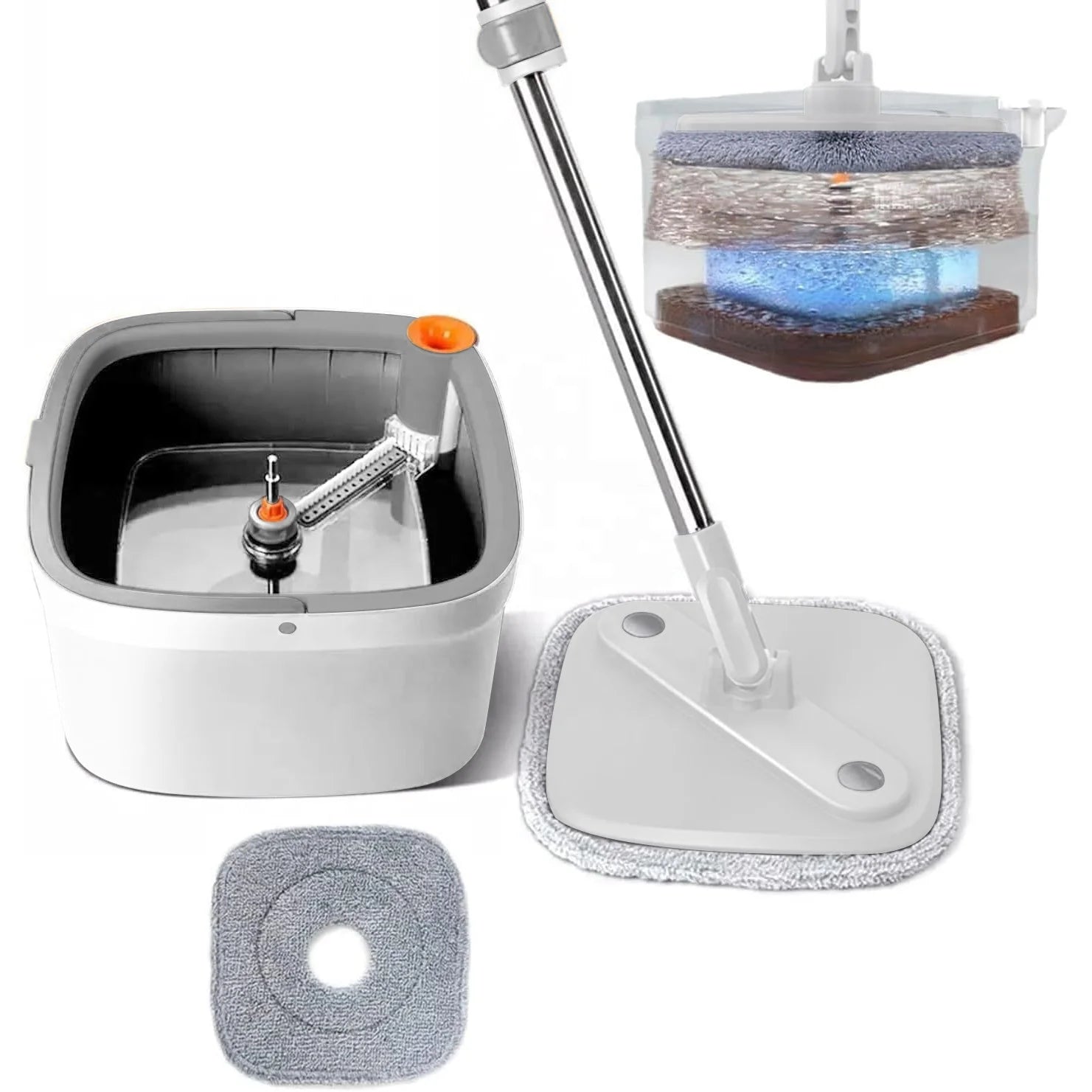 360 Rotating Self-Washed Extendable Single Drive Flat Mop 70-80% Dehydration 301-500ml Capacity Steel Pole Bucket 2 Mopheads