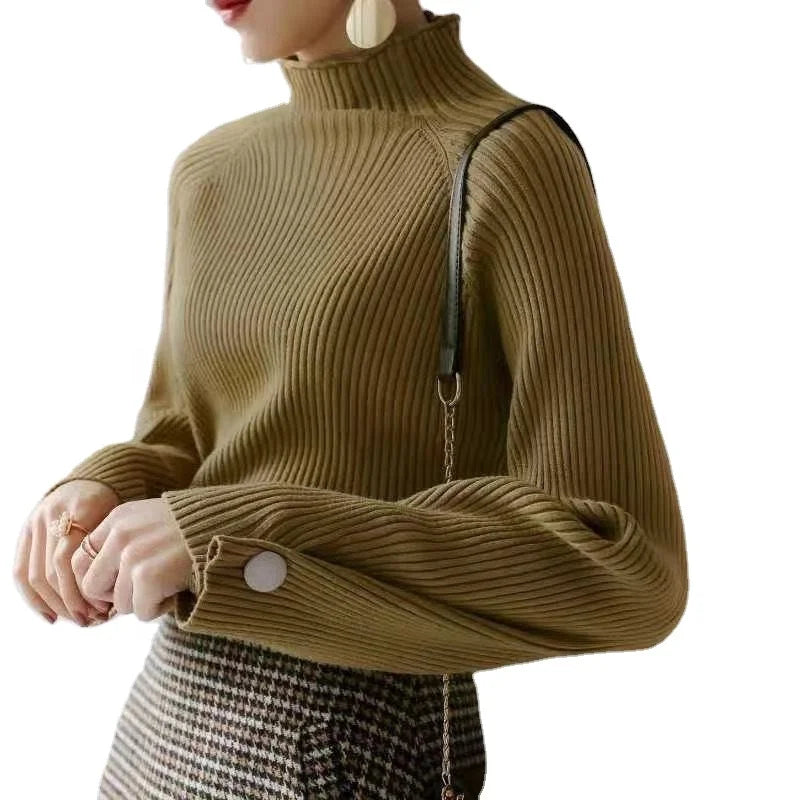 2022 Women's High Neck Sweater Loose Knit Pullover Sweet Style Flat Knitted Knitsweater New Product