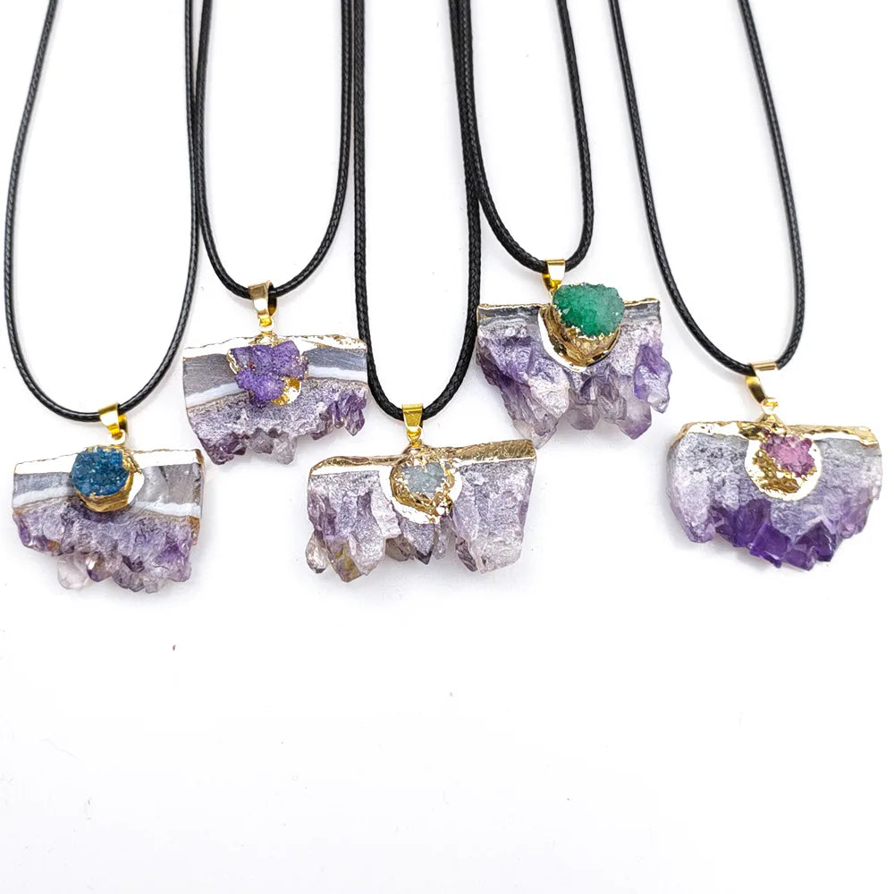 Wholesale Natural Amethyst Irregular Druzy Stone Pendant Necklace Luxury Crystal Necklace with Gemstone Pendant Gemstone Jewelry