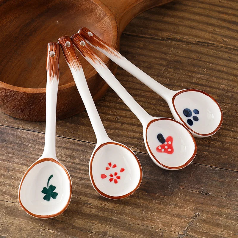 Japanese Style Long Handle Ceramic Spoon Hand-painted Underglaze Color Net Red Soup Spoon Cartoon Cute Dessert Spoon
