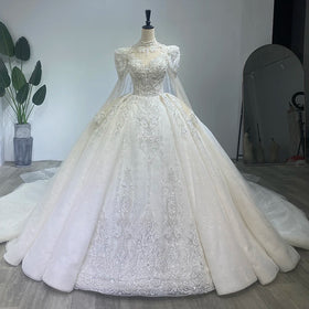 Heavy-Duty Luxury Wedding Shawl Yarn Shiny Puff Shoulder Long-Sleeved Ball Gown French Wedding Dress Wm03