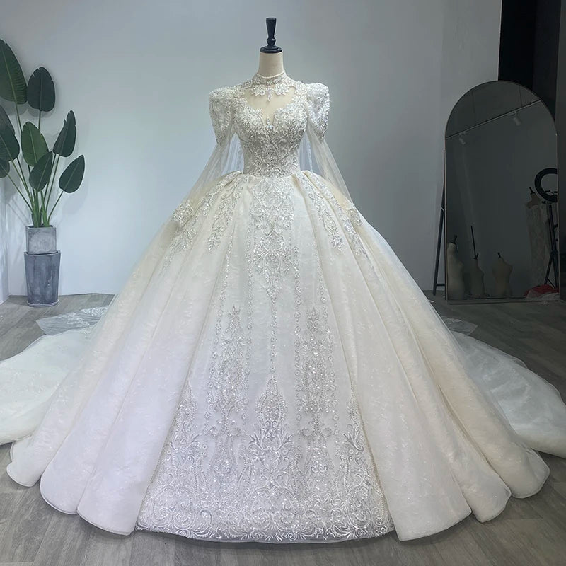 Heavy-Duty Luxury Wedding Shawl Yarn Shiny Puff Shoulder Long-Sleeved Ball Gown French Wedding Dress Wm03
