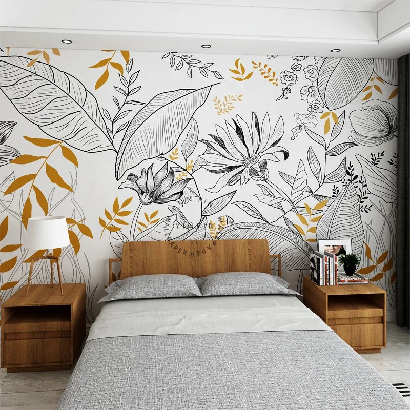 Sofa Background Wall Custom Mural Living Room Waterproof Moisture-Proof Black and White Line Leaf Wallpaper