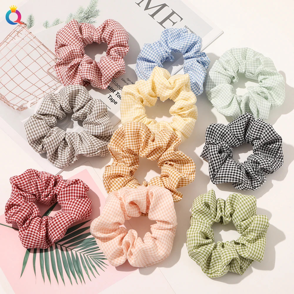 QIYUE Checkered Pattern Scrunchy Scrunchies Chouchou Hair Band Ponytail Tie Holder