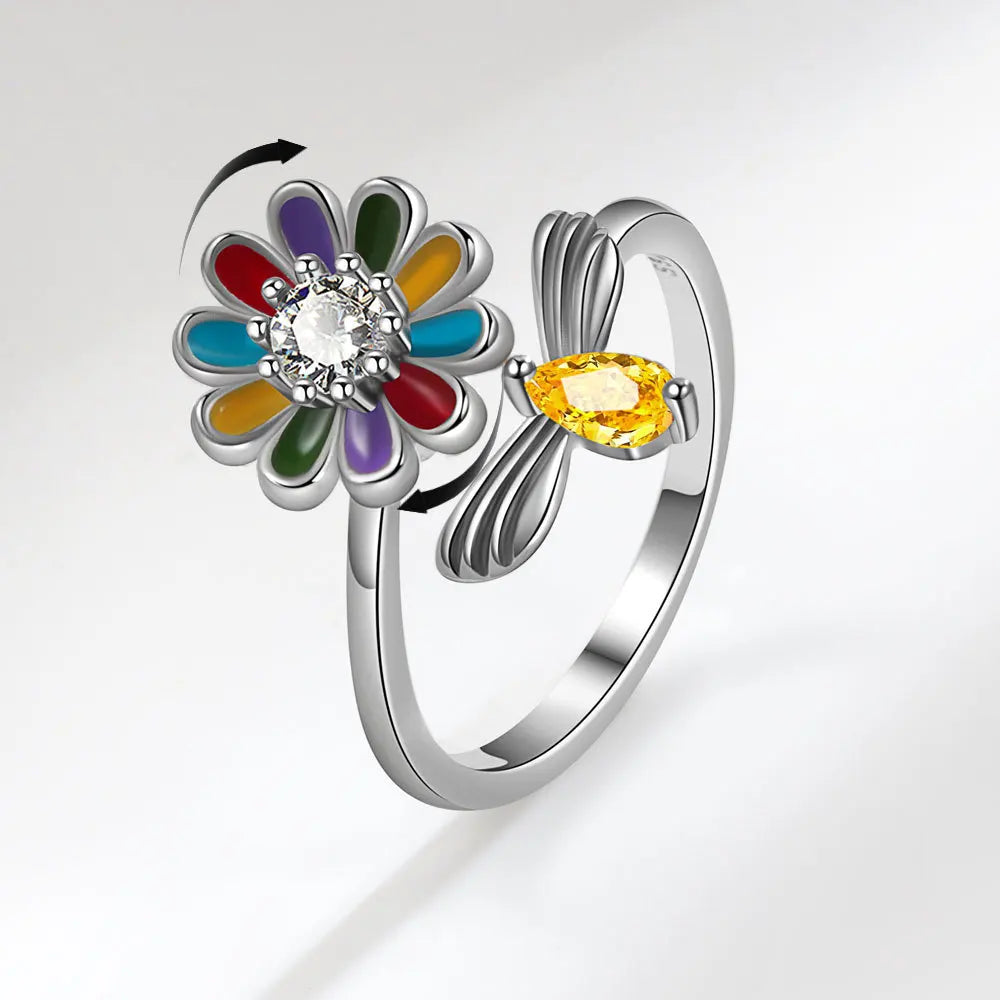 Wholesale Zircon Rotatable Flower Fidget Anxiety Ring for Women Anti Stress Jewelry Rotating Windmill Opening Ring