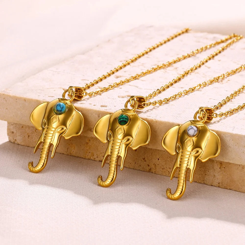 New Elephant Head Pendant Animal Charm Chain Necklace Stainless Steel 18K Gold Lucky Jewelry Natural Gemstone Pendant Necklace