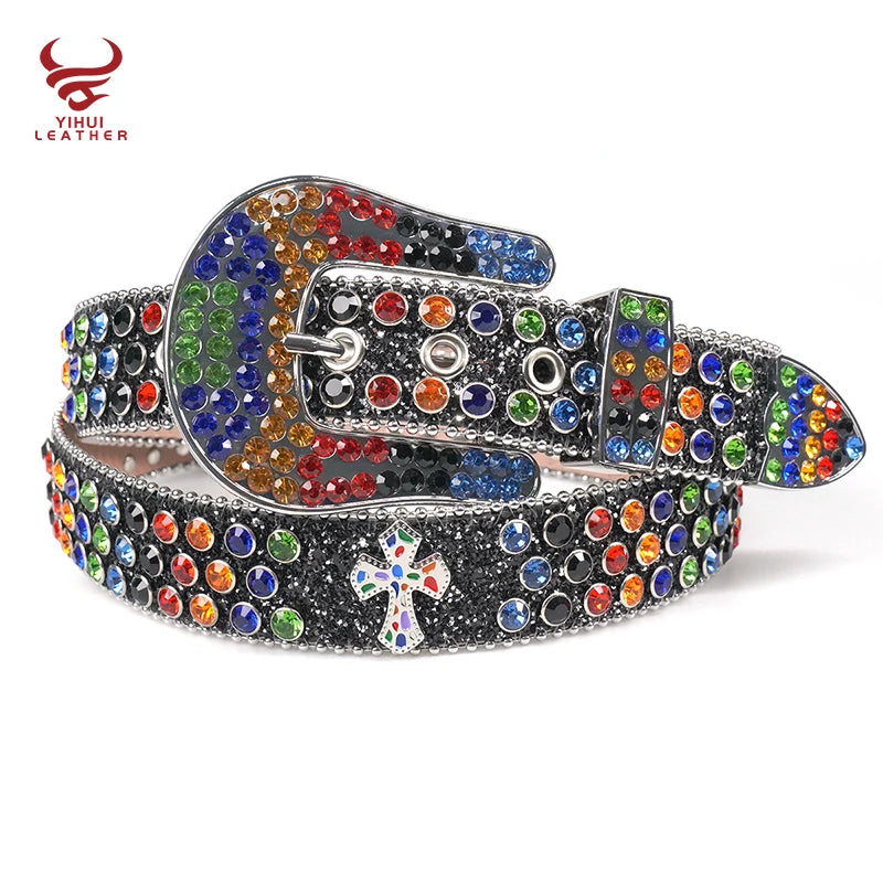 Wholesale Colorful Bling Bling Glitter Rhinestone Belts Designer Cross Western Cowboy Diamond Men Leather Belt