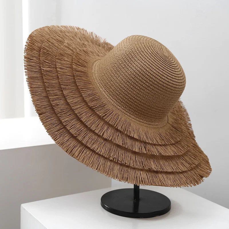 Microeco Vintage Internet Celebrity Wide Brim Straw Hat Tassel Summer Outing Sun Protection for Women Beach Zhejiang