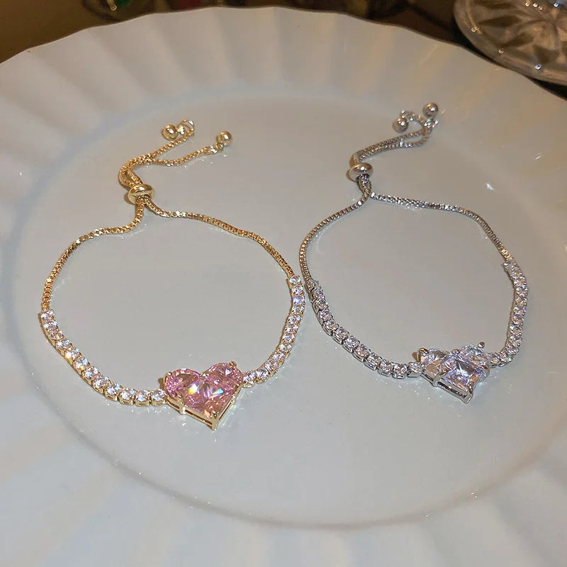 Fashion Shiny Tennis Chain Zircon Big Pink Heart Love Charm Gold Plated Ladies Adjustable Bracelet for Girls
