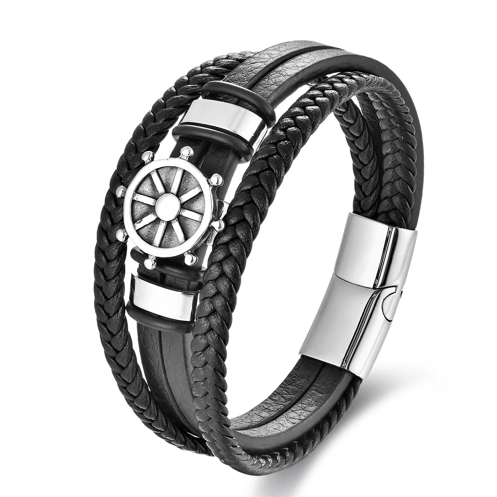 Fashion Unisex Jewelry Handmade Double Layers Braided Stainless Steel Charm Bracelet Magnetic Clasp Gift Punk Style
