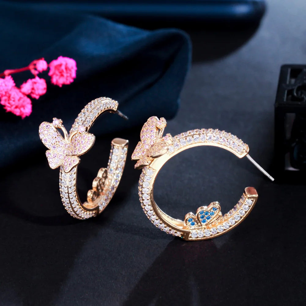 18K Gold Plated Brass Butterfly Light Pink Round Cubic Zirconia Micro Paved Big C Hoop Earrings for Women Party Costume Jewelry