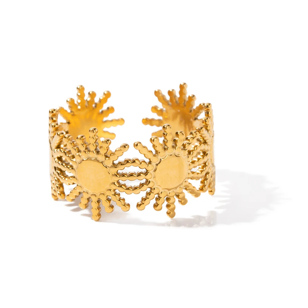 Ins Fashion Sun Shape 18K PVD Gold Plated Stainless Steel Flower Wide Open Adjustable Ring for Women