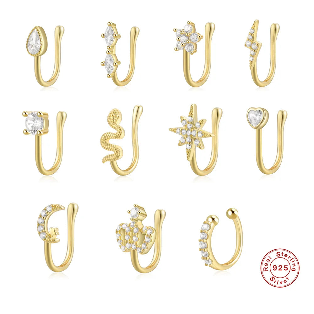 Designer Luxury Sterling Silver 925 Non Piercing Loops Clip on Nose Zircon Nose Cuffs for Women