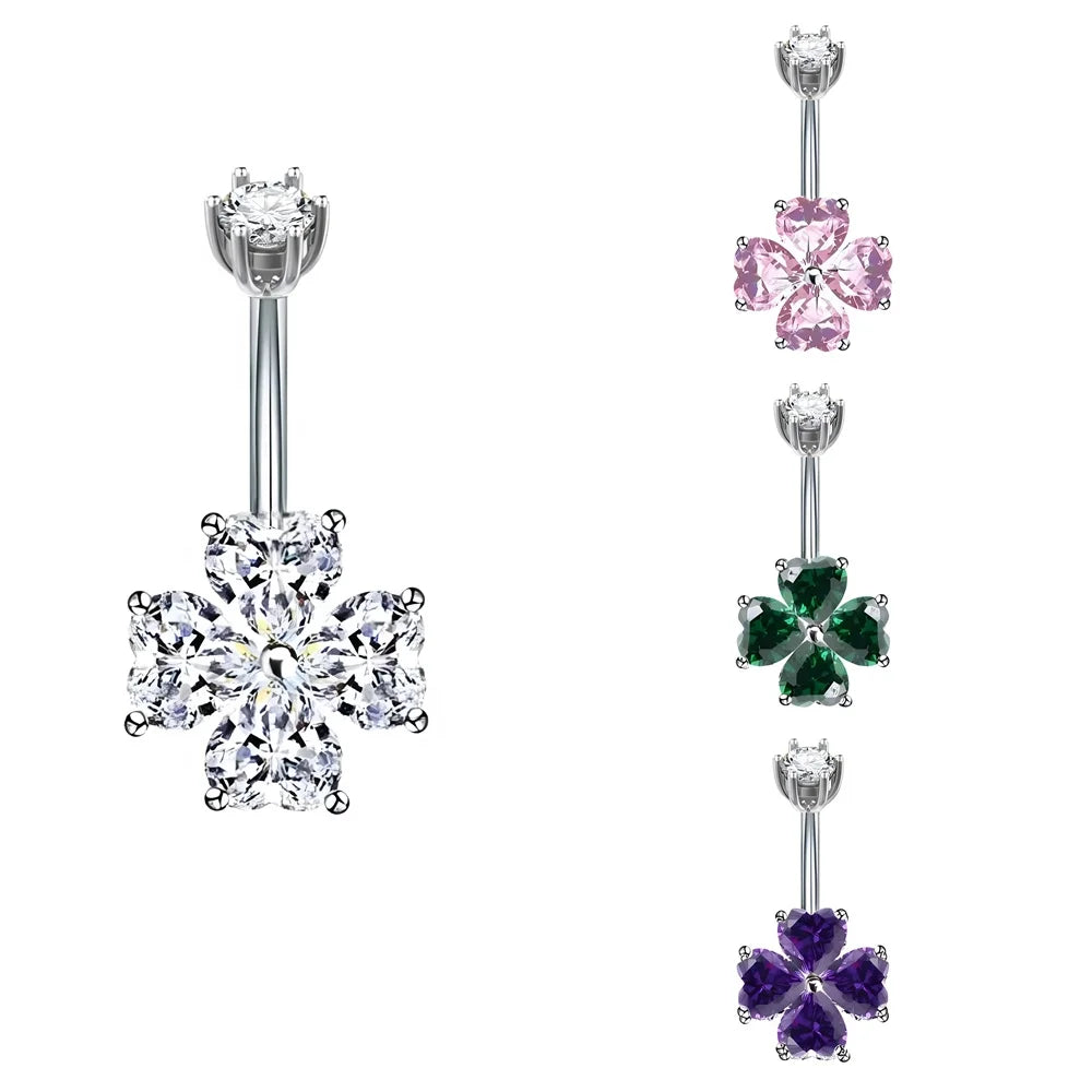 316L Stainless Steel CZ Flower Belly Button Ring Short Barbell Navel Rings Lucky Clover Diamond Belly Piercing Jewelry