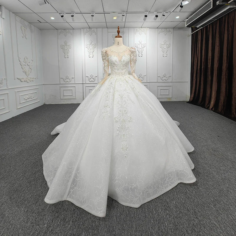 Jancember 1128 Illusion Long Sleeve Bridal Lace Ball Gown Wedding Dresses