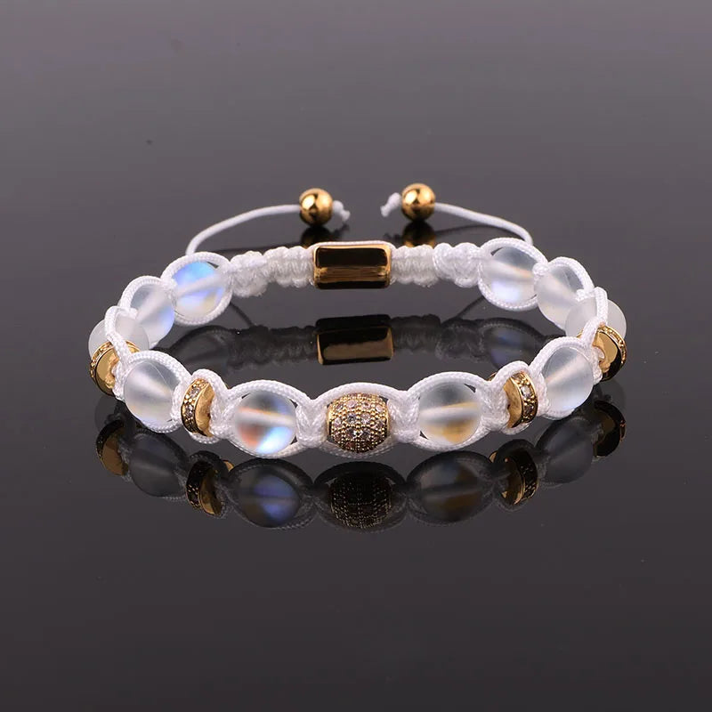 New Design Frost AB Moonstone Bracelet CZ Pave Charm Cord Braided Custom Friendship Bracelet Women