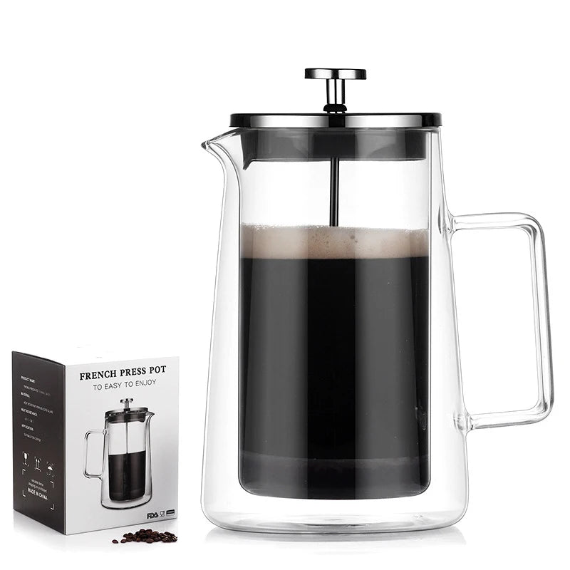 Top Quality Double Wall Glass French Press Coffee Maker Pot Glass French Press Cup With Stainless Steel Lid