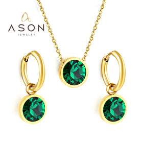 Ason Fashion Stainless Steel 18K Gold Plating Women Round Green Zirconia Jewelry Set Bridal Wedding Hoop Jewelry Sets for Girls