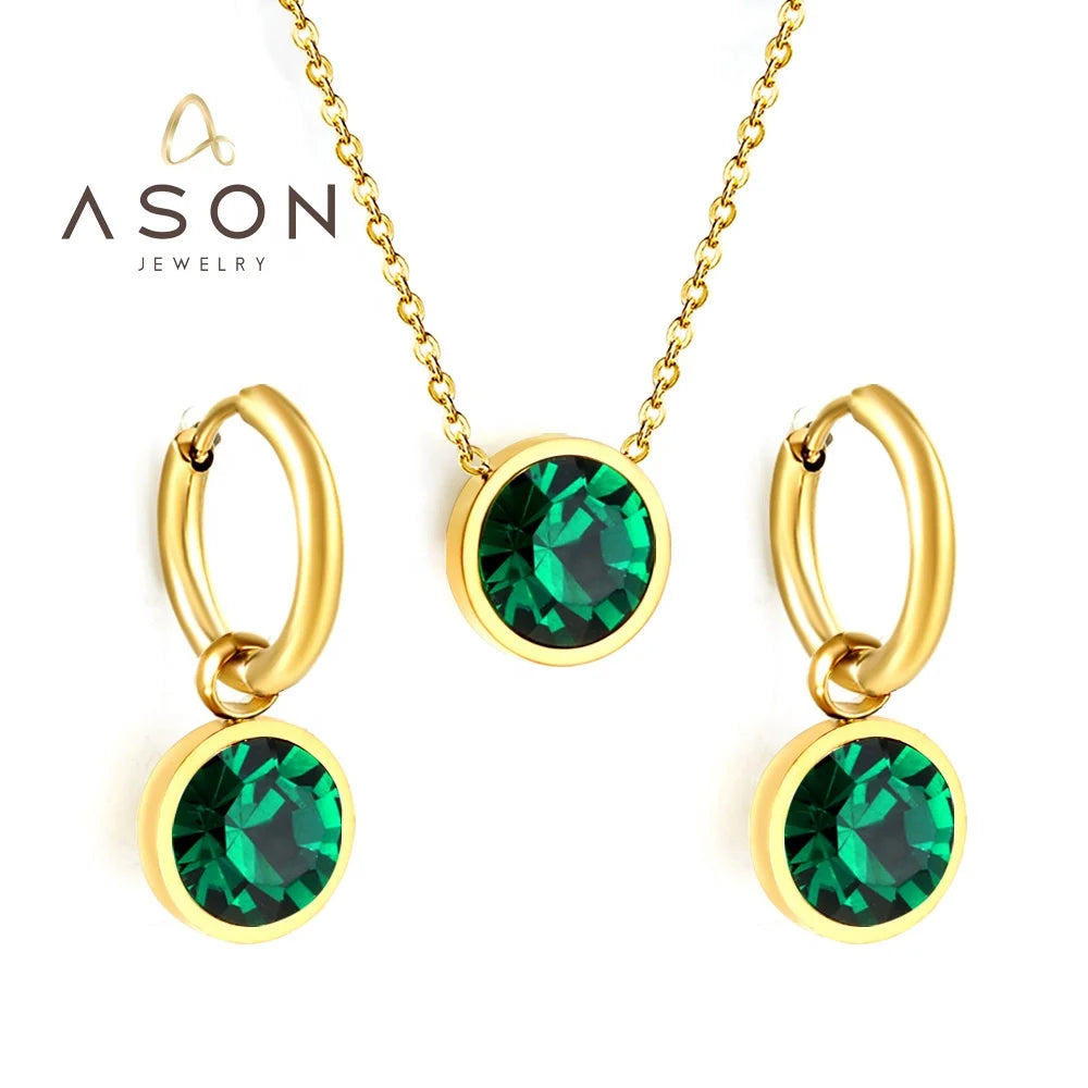 Ason Fashion Stainless Steel 18K Gold Plating Women Round Green Zirconia Jewelry Set Bridal Wedding Hoop Jewelry Sets for Girls