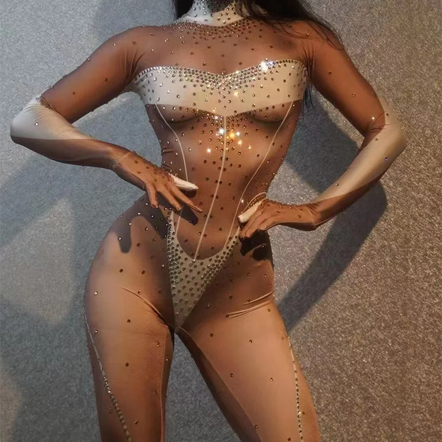 Sexy Long Sleeve Print Rhinestone Stripper Pole Dancer Outfits Club Showgirl Leotard Spandex Bodysuit Women One Piece Jumpsuits