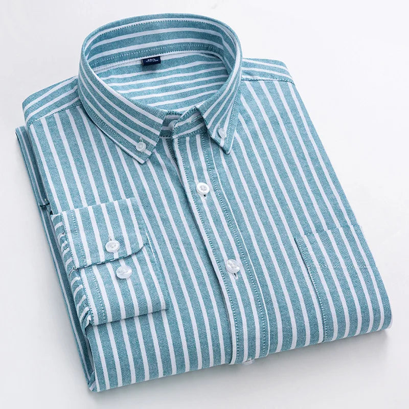 RNSHANGER Men's Social Dress Shirt Pure Cotton Oxford Casual Soft Buttoned Striped Formal Work Western Pocket Men Shirts