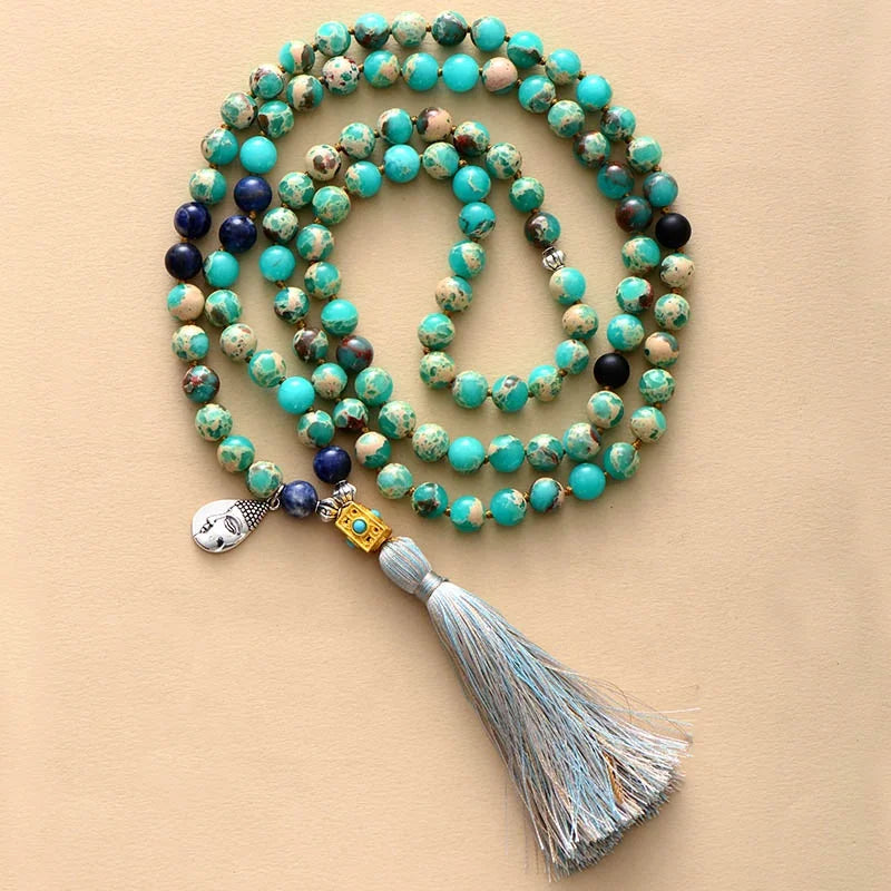 8MM Jasper Stone Buddha Charm 108 Beads Prayer Mala Tassel Spiritual Necklaces Chain Jewelry for Gifts Weddings Anniversaries