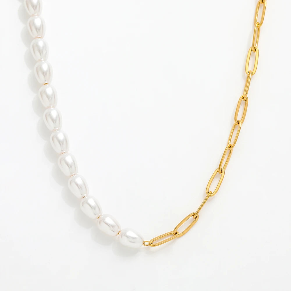 Fenny 18K Gold Plated Fashion Non Tarnish Paper Clip Glass Pearl Joint Necklace for Women Stainless Steel Jewelry Wholesale MegaBDM
