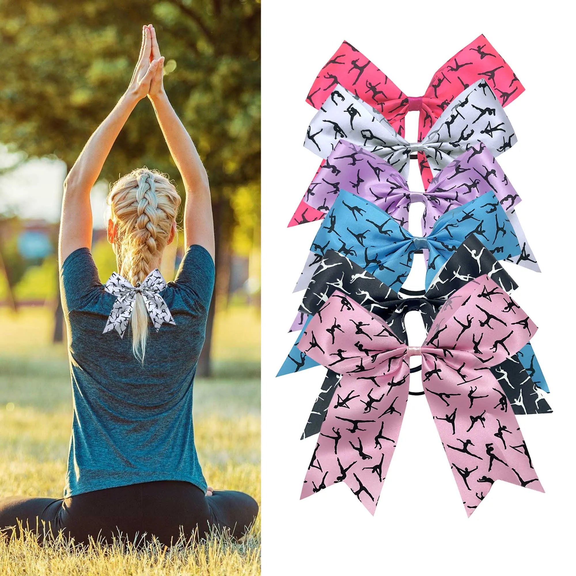30pcs Girls GYM Yoga Bows with Elastic Band Wholesale Satin Ribbon Cheerleading Hair Bowknot Ponytail Holder Cheers Headwear