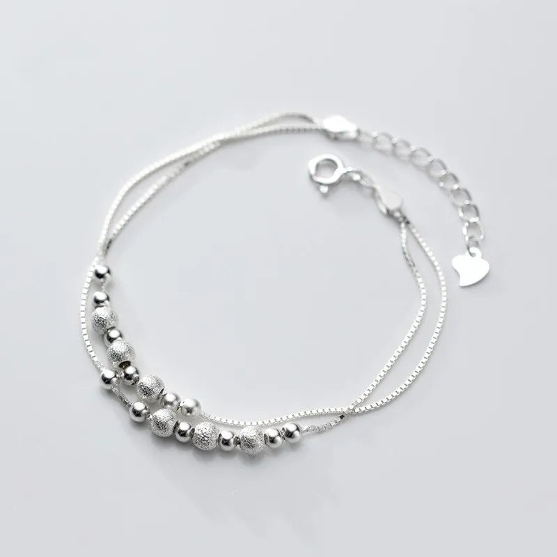 Small Round Ball Beaded Double Layered Chain Hand Charm 925 Sterling Silver Bracelet Fashion Jewelry for Women
