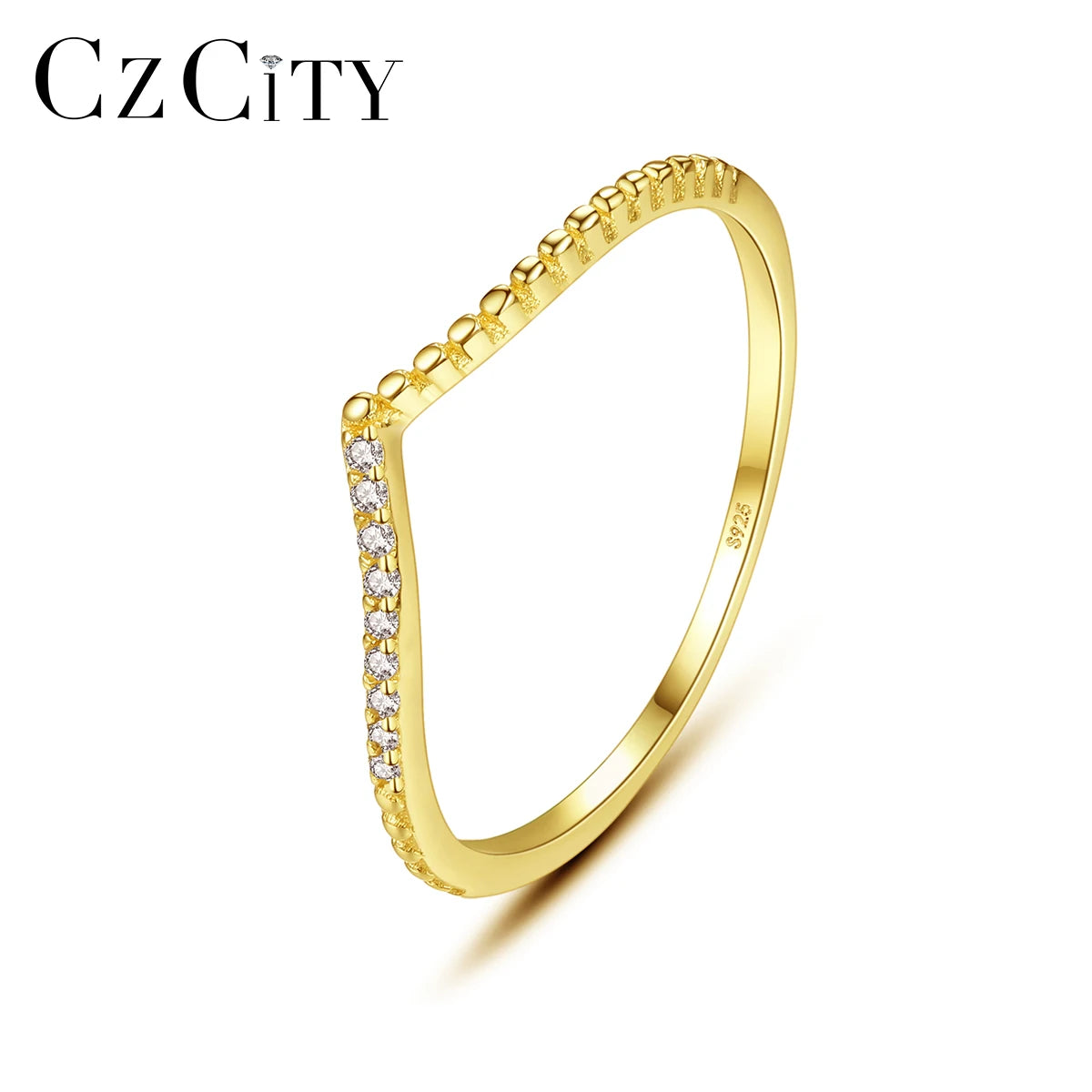 CZCITY Women 14k Gold Plated 925 Sterling Silver Minimalist Simulated Diamond CZ Eternity Engagement Stackable Ring for Lady