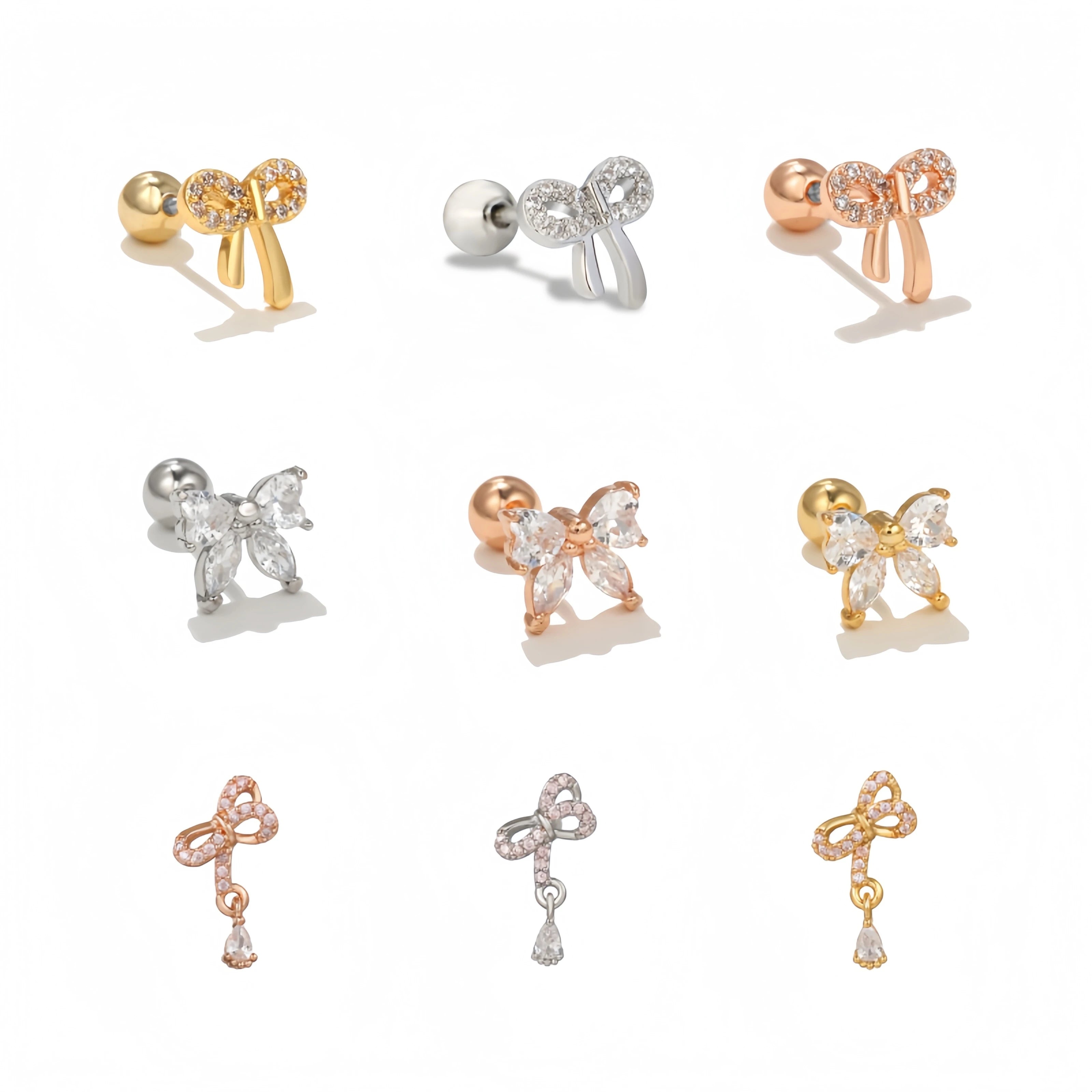 Fashion Zircon Jewelry Women Bowknot Earring Korean Bow Ear Bone Stud 18K Gold Plated Brass Piercing Screw Ball for Women