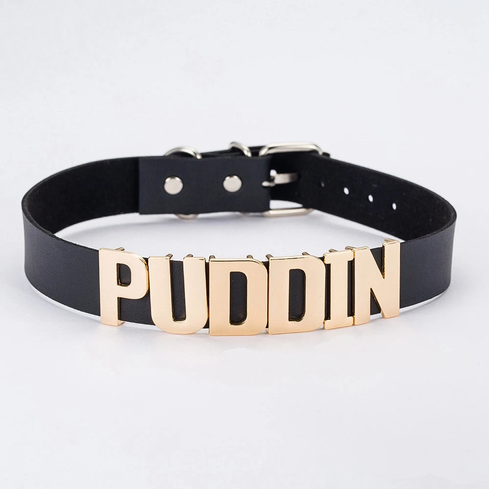 Puddin Letter Leather Collar Little Ugly Girl Necklace Thick Choker Punk Gothic Jewelry Charm Personalized Black PU Leather