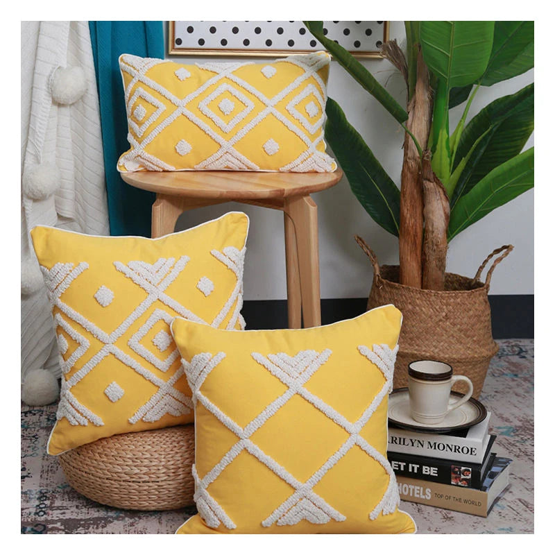 Innermor White Fluffy Square Cushion Covers Nordic Style Pillow Covers Handmade Floral Pattern Tufted Throw Home & Hospital Use