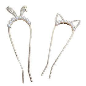 New Fashion Metal Hair Forks Cute Rabbit Cat Ear Pearl Headband Elegant Bridal Hair Pins Accessories Hair Sticks for Women