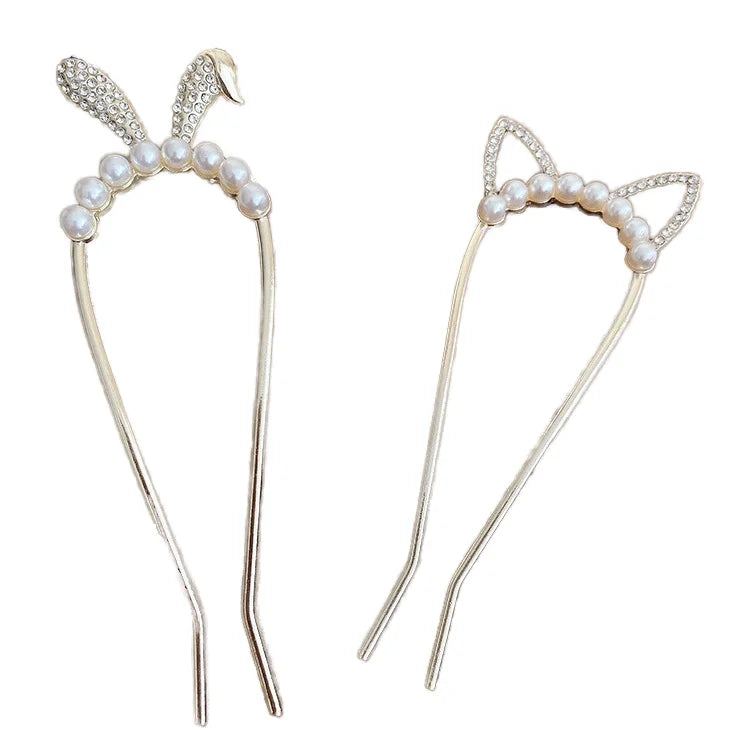 New Fashion Metal Hair Forks Cute Rabbit Cat Ear Pearl Headband Elegant Bridal Hair Pins Accessories Hair Sticks for Women