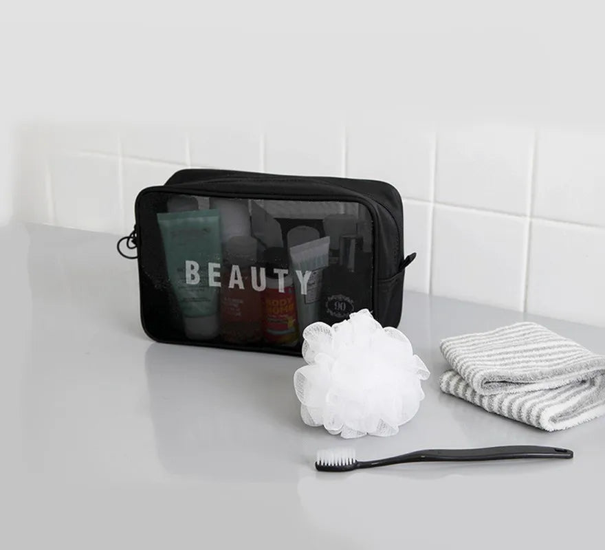 Eco-Friendly Nylon Mesh Zipper Travel Toiletries & Makeup Storage Bag Waterproof Fashionable Letter-Imprinted Cosmetic Case