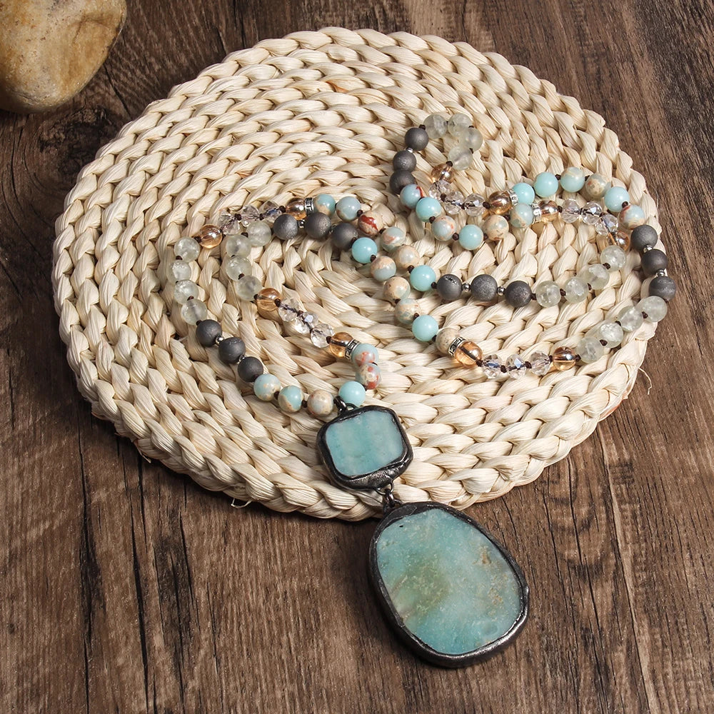 Fashion Bohemian Ethnic Style 8mm Natural Stone Glass Knotted Necklace Square Stone Oval Stone Pendant Necklace