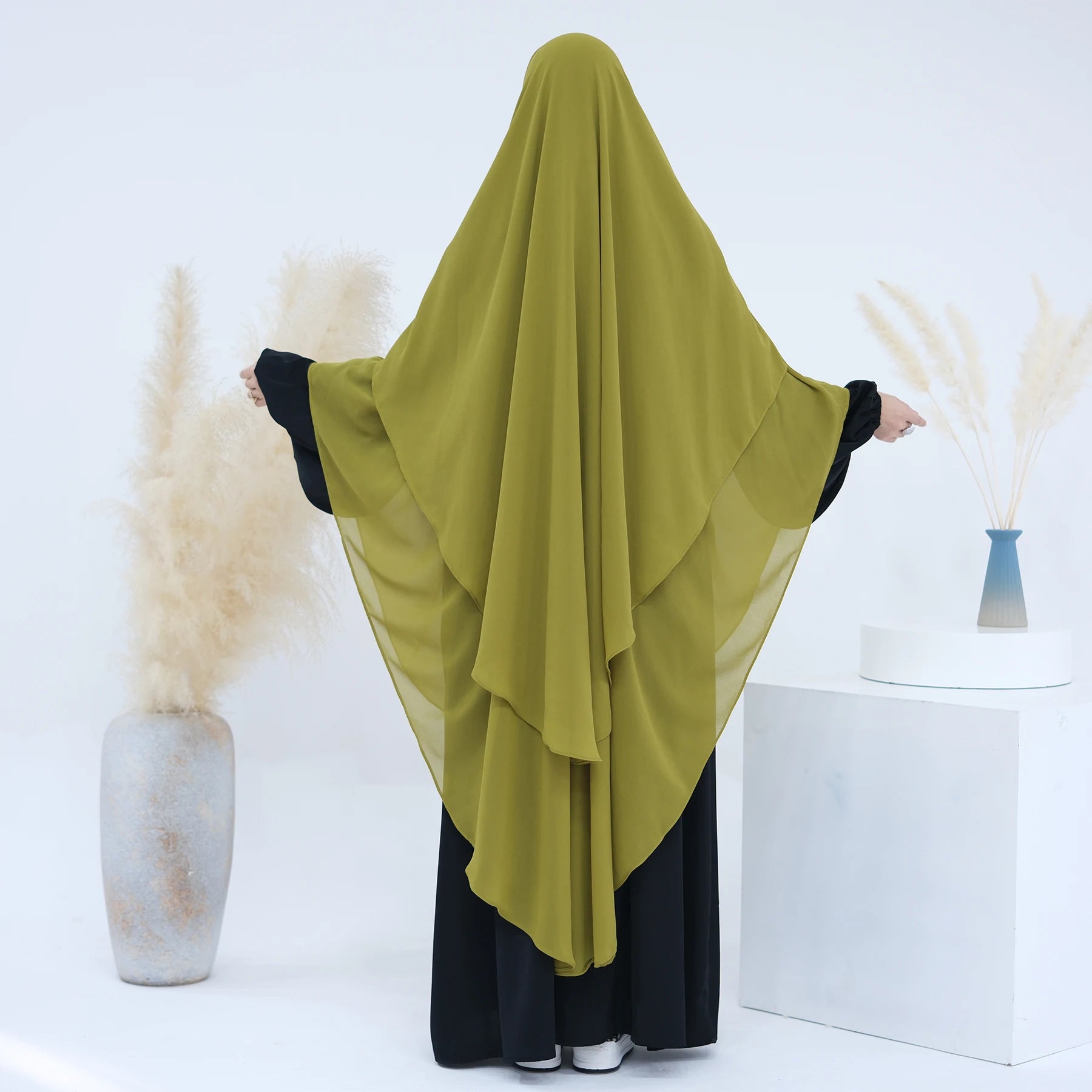 Loriya Wholesale Women Muslim Prayer Hijab Chador Plain Solid Color Overhead 2 Layers Flowy Chiffon Ladies Khimar
