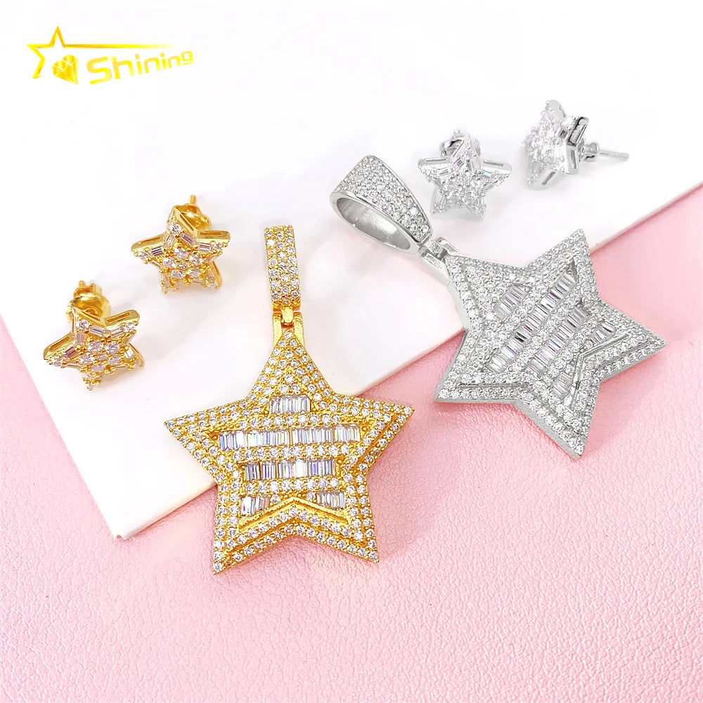 Bulk Stock Iced Out Shining Jewellery Hip Hop Pendant 925 Silver VVS Baguette Moissanite Diamond Five Star Pendant With Earrings