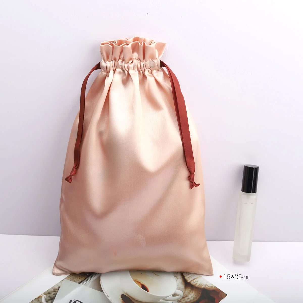 Wholesale Promotion Customizable Rose Gold Silk Satin Drawstring Bag Hair Bundle Packing Luxury Soft Gift Underwear Hair