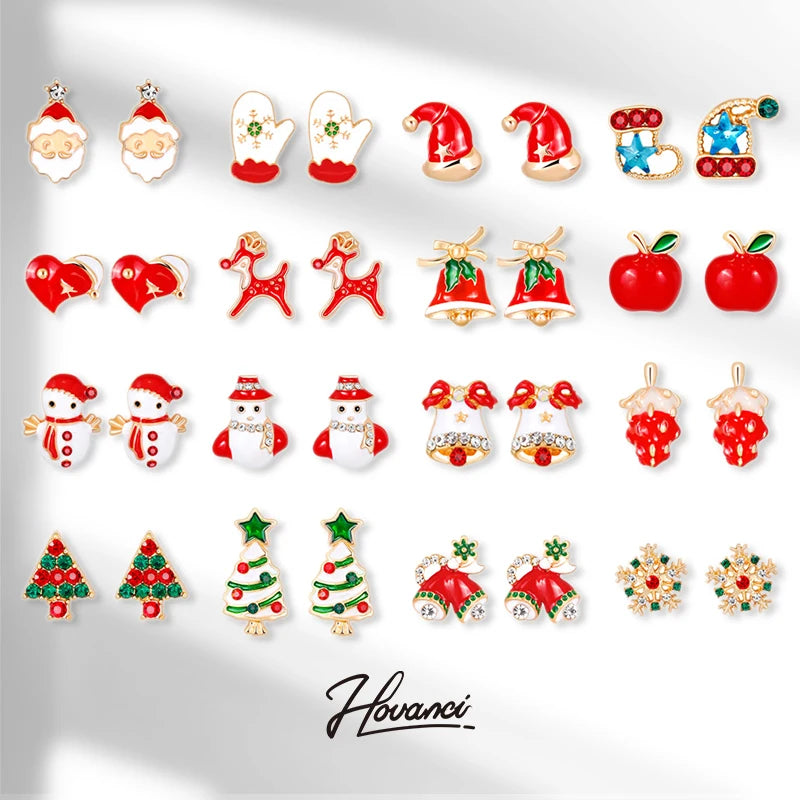 HOVANCI New Trend Sparkling Color Christmas Shiny Stud Earrings Zinc Alloy 10 Christmas Winter Earrings