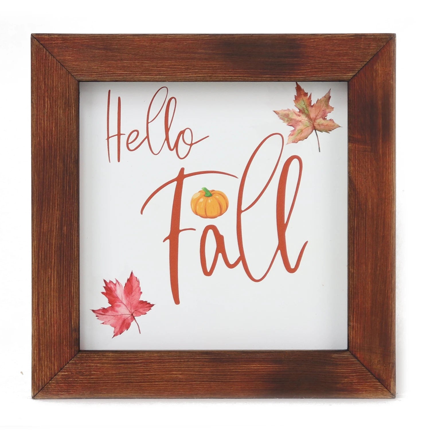 Hello Fall Sign Rustic Farmhouse Art Wood Decor with Laser Engraving Season Symbolizing Basswood MDF Oak Pine Wooden Frame