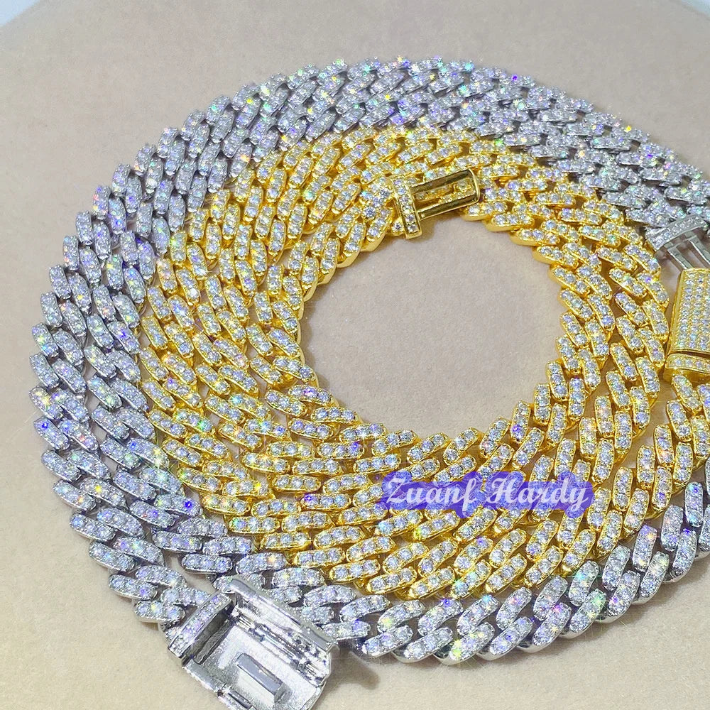 Hiphop Rock Silver Cuban Link 6mm 8mm One Row Round Iced Out Lab Grown Diamond Moissanite Necklace Jewelry 925 Cuban Link Chain