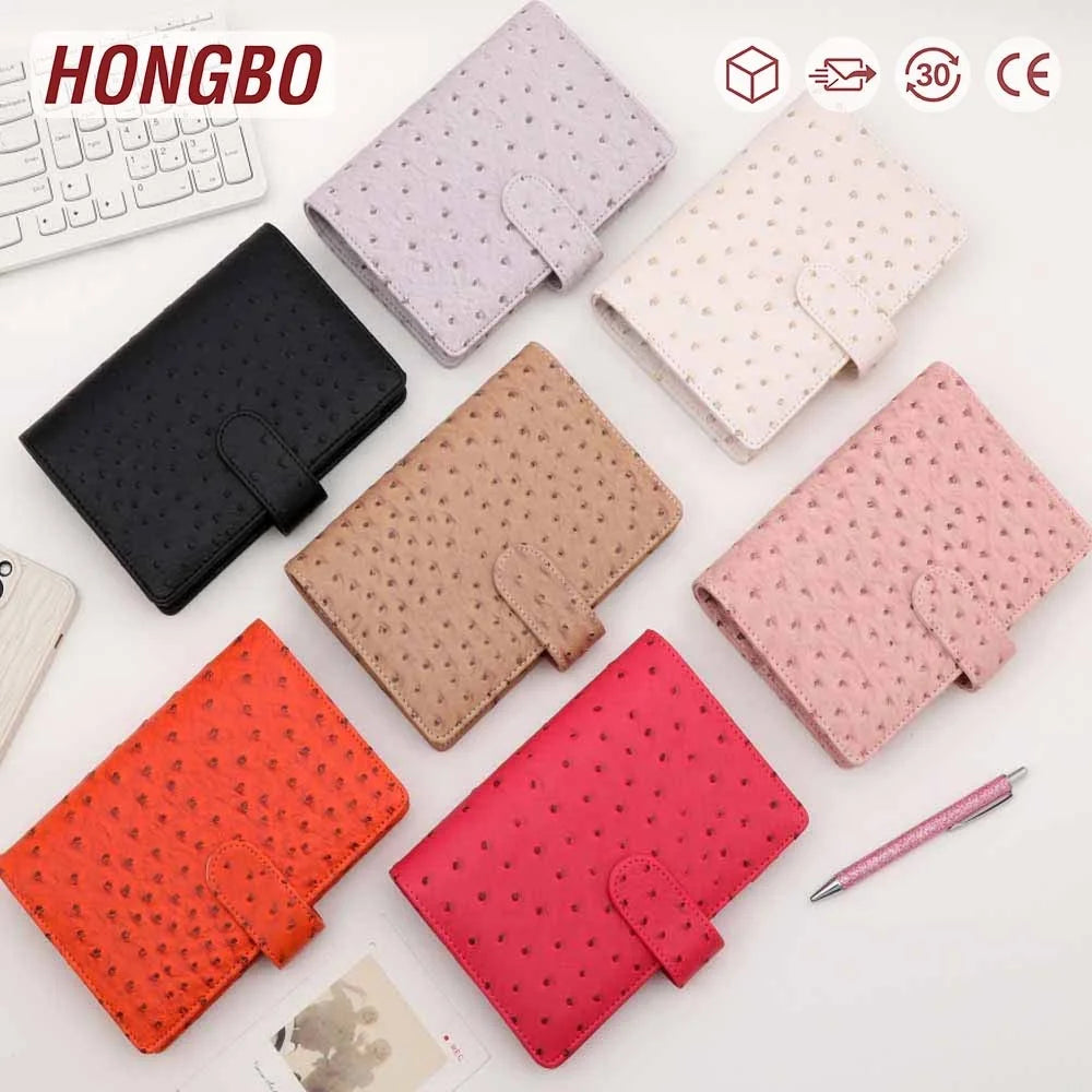 Best Seller 7 Colored A6 Ostrich Leather Pocket 6 Ring Wallet Binder Organizer Planner of Fly Leaf with Card Holders Available