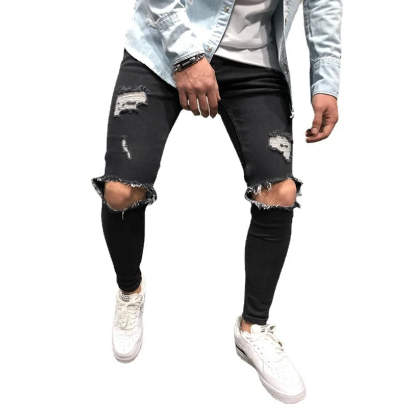 Wholesale Custom Logo Men's Mid Waist Woven Denim Straight Casual Distressed Ripped Hole Jeans for Men