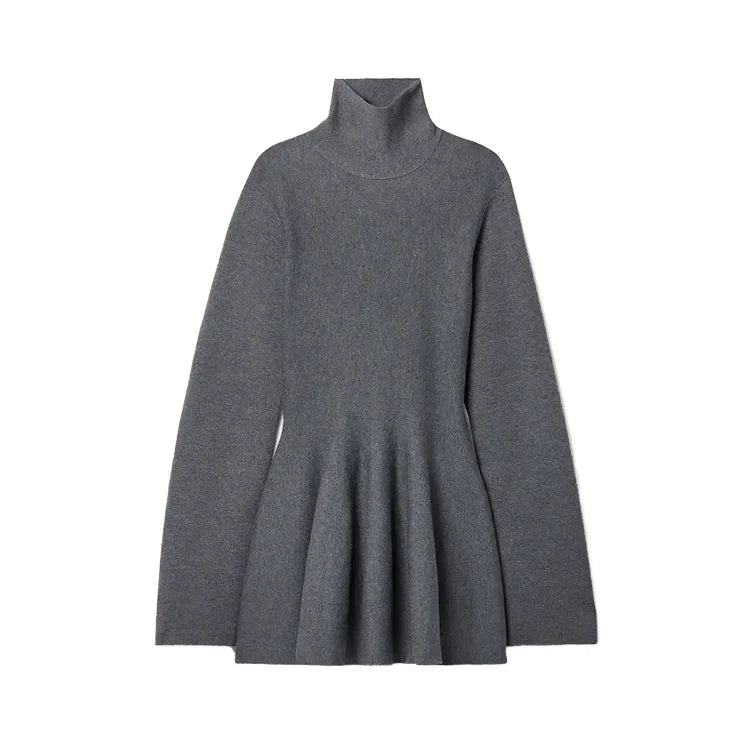 Custom Autumn Winter Grey Turtleneck Wool Knit Sweater Mini Dress for Women Long Sleeve Casual Vintage Style Natural for Spring